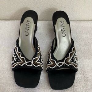 Vintage Amano Women's Black Beaded Square Toe Chunky Heel Sandal Size 8.5 Boho